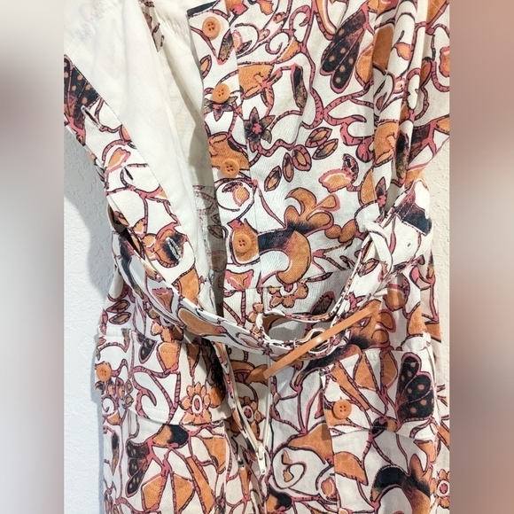 House of Harlow Orange Floral Belted Linen Blend Sleeveless Romper Retro Coastal - Picture 7 of 11